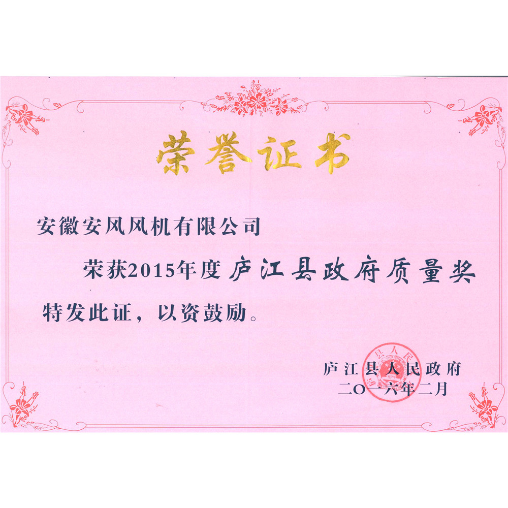 2016.02-2015年度庐江县政府质量奖证书